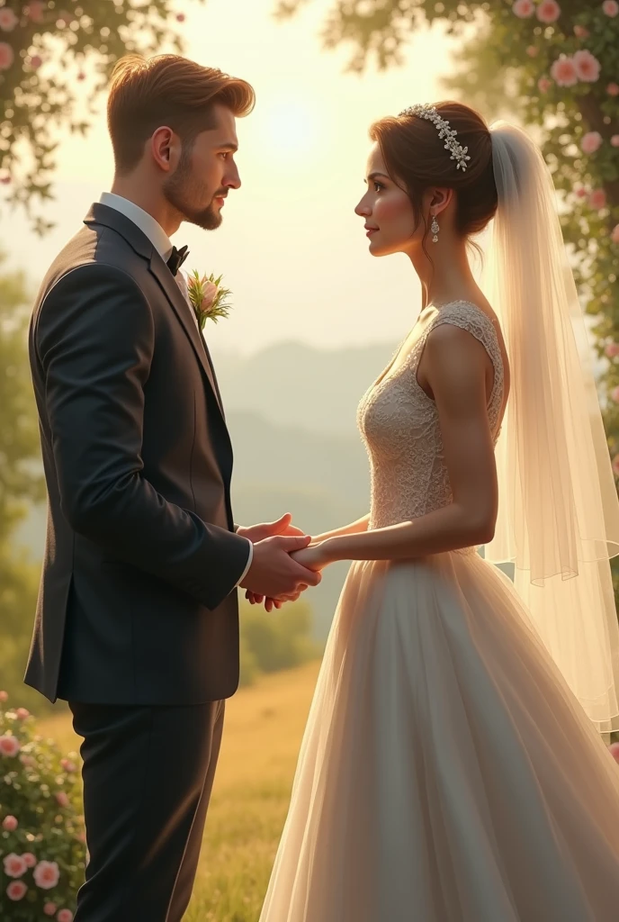 Two couples on a wedding attire facing each other with their wedding rings but their fingers are cross