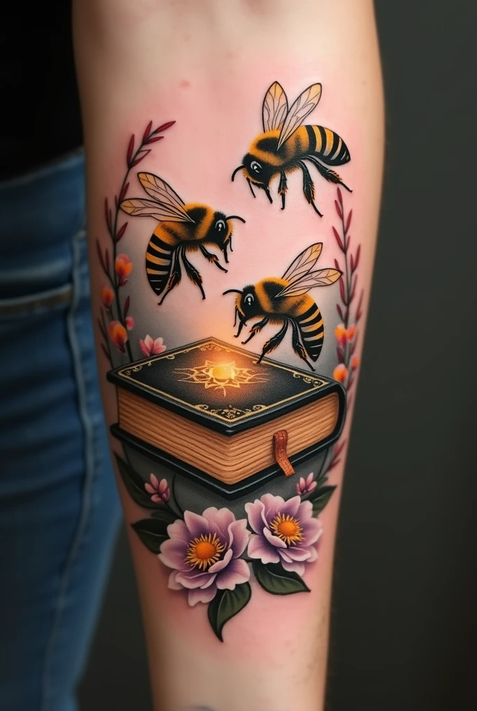Tattoo of bees landing on closed bible with flowers