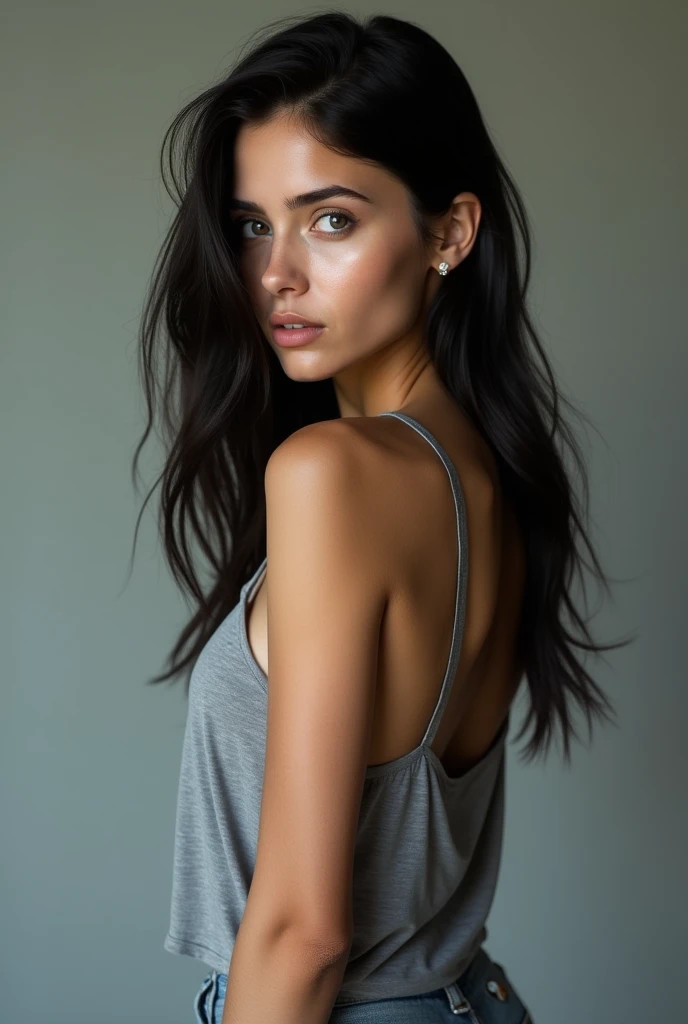 Pretty GIRL OF 1, dark black hair, wearing dark gray top, NO PANTYS, neck turned, slim body, looking at me, standing, back shot, ultra hd, realistic