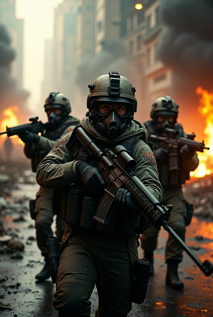 Elite soldiers, Machine Guns, natta, burning and destroyed city in the background. Film Poster