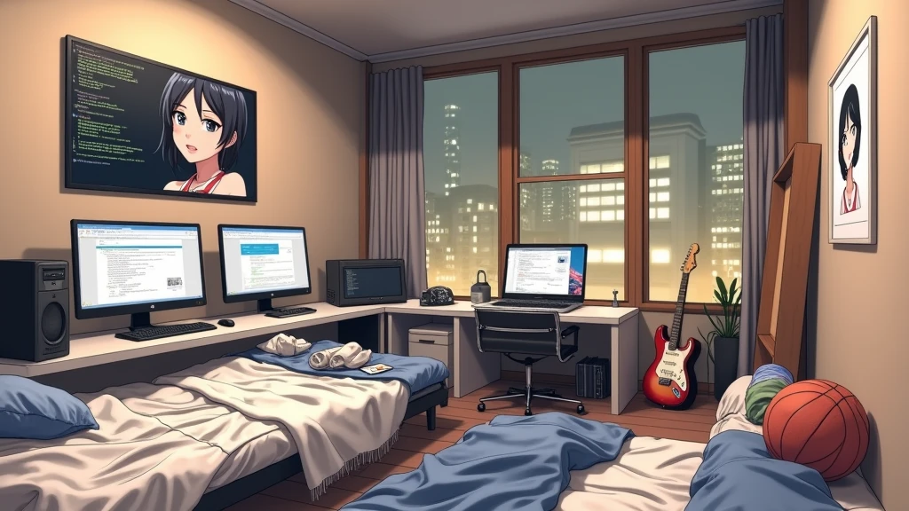 a very large bedroom, one desktop computer with two screens, 2 laptops, 1 phone (no-character:1.4), on the computers screens runs Linux and a development IDE, picture from far, large windows, night outside, one guitar, one basketball ball, clothes thrown on the bed and on floor, on the wall there is a poster of Chino Kafu, masterpiece, precision, ultra-realistic, anime art