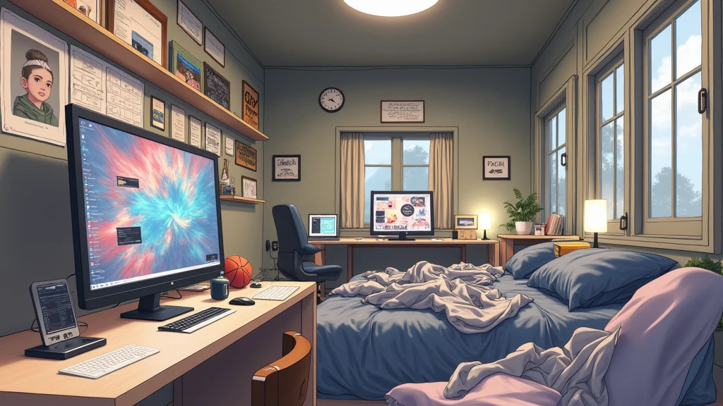 a very large bedroom, one desktop computer with two screens, 2 laptops, 1 phone (no-character:1.4), on the computers screens runs Linux and a development IDE, picture from far, large windows, night outside, one guitar, one basketball ball, clothes thrown on the bed and on floor, on the wall there is a poster of Chino Kafu, masterpiece, precision, ultra-realistic, anime art