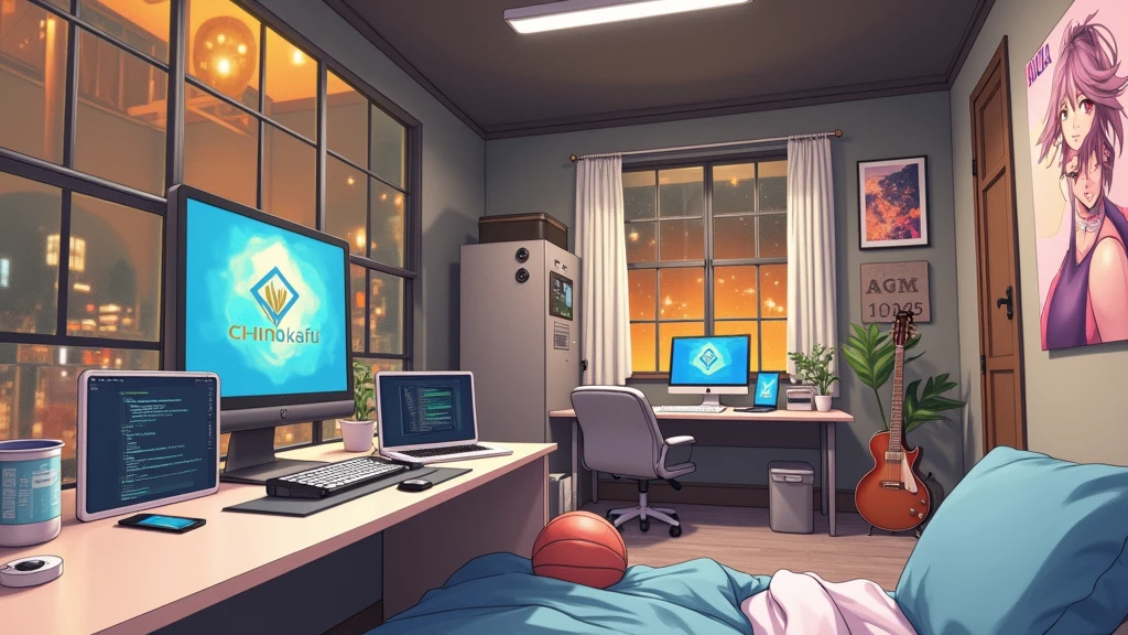 a very large bedroom, one desktop computer with two screens, 2 laptops, 1 phone (no-character:1.4), on the computers screens runs Linux and a development IDE, picture from far, large windows, night outside, one guitar, one basketball ball, clothes thrown on the bed and on floor, on the wall there is a poster of Chino Kafu, masterpiece, precision, ultra-realistic, anime art