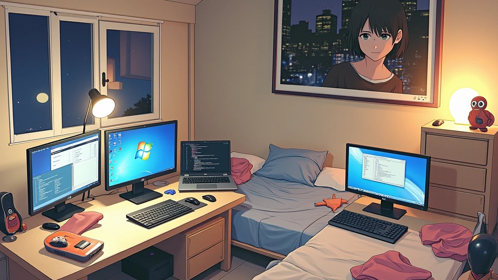 a very large bedroom, one desktop computer with two screens, 2 laptops, 1 phone (no-character:1.4), on the computers screens runs Linux and a development IDE, picture from far, large windows, night outside, one guitar, one basketball ball, clothes thrown on the bed and on floor, on the wall there is a poster of Chino Kafu, masterpiece, precision, ultra-realistic, anime art
