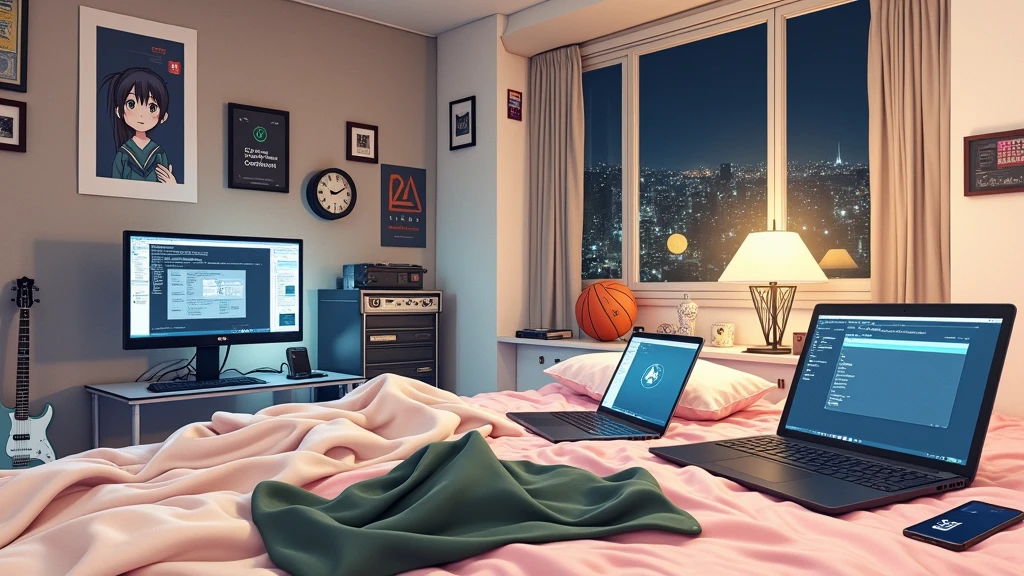a very large bedroom, one desktop computer with two screens, 2 laptops, 1 phone (no-character:1.4), on the computers screens runs Linux and a development IDE, picture from far, large windows, night outside, one guitar, one basketball ball, clothes thrown on the bed and on floor, on the wall there is a poster of Chino Kafu, masterpiece, precision, ultra-realistic, anime art