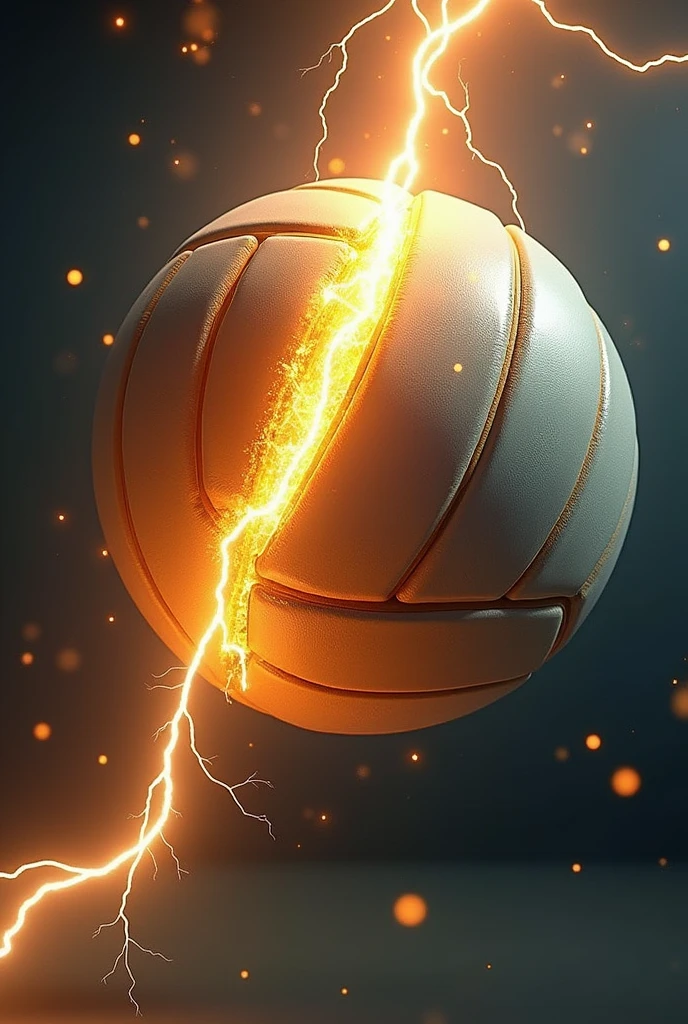 Imagine a classic volleyball, with its distinctive white and blue or white and green panel design. Now, Visualize a bright ray passing through the ball, starting from the top and going down to the center. Lightning is a flash of yellow and white, with sparks emanating from it, giving it a feeling of energy and movement. The contrast between the soft, rounded ball and the force of the lightning creates a dynamic and powerful image.. And a male player will prepare to finish that ball.