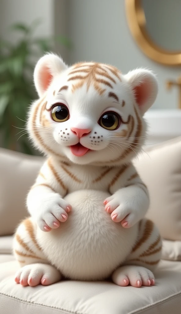 A fat, white and cute little tiger baby, Very fat，Big eyes, Cute and cuddly，Fluffy, Delicate and exquisite, Real little tiger，The expression is very cute and sticking out tongue is very cute,Cute and lovable，Sit upright on the sofa，A pregnant belly with a lot of furry patterns，Patterned belly，My belly is very big.，Patterned plush，Strike a sexy pose,Pure white high-end bathroom background，