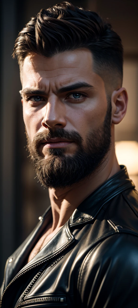 Professional whole body photo, (4K Photo:1.1) by (Jeremy Lipking:0.3), (Dittmann Anna:0.3), (Cecile:0.3), (sharp focus:1.3), high detail, European man, muscular, biker outfit, leather, motorcycle, city, short and black hair, crete on head, beard, confident, muscular man, perfect anatomy, perfect symmetry:1.2, Realistic, realistic face:1.4, perfect face, confident, highly detailed, and dramatic, cinematic lighting, lighting scene, soft lights