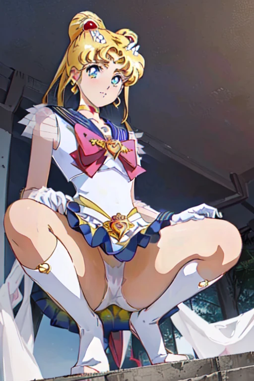 Highest quality, Ultra-high resolution, (Realistic: )2D official style cel animation,((multiple Girls sitting in a row)),Elementary school girl,brown、ponytail、Glasses、Jojo Fashion,(White cotton panties),sneakers,Full body portrait,(From below),Station stairs,sunny,Spread your legs、from the front、blush、Until then,Spread your legs,Urine stains,((((Caution,view under the skirt angle perspective from below, dog's perspective, camel toe))),masterpiece, highest quality, (1 person), (Super Sailor Moon), (detailed face), face focus, white wall, (on bed), bright room, embarrassed expression, white gloves, detailed eyes, detailed face, love hotel room, colorful clothes, sailor warrior uniform, colorful skirt, hair accessory, red ribbon, brooch, heart brooch, earrings, crescent moon, heart choker, heart, mini skirt, very long hair, ribbon on back, crescent moon earrings, tiara, yellow choker, boots, knee boots, red footwear, highest quality, high resolution, (detailed and beautiful eyes: 1.3), highly detailed face, meticulous CG, (perfect hands, perfect anatomy), (flipped skirt 1.3), (detailed panties 1.3), bed, (white panties: 1.3), (panties fully visible: 1.3), (squat: 1.3), (spread legs: 1.3), Sailor Moon R, Super Sailor Moon,