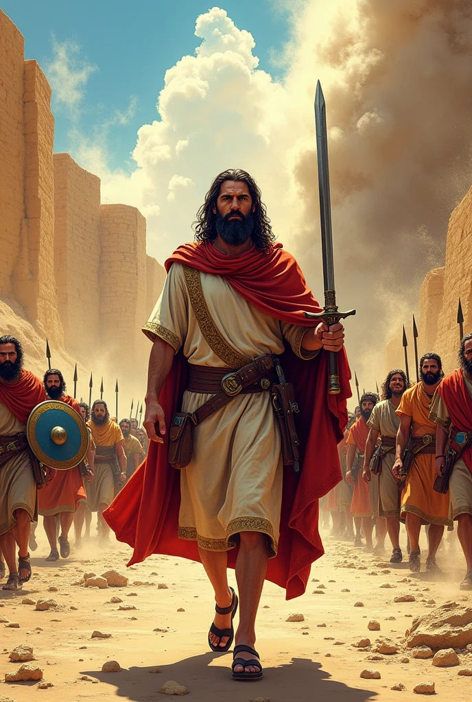 Comic style wallpaper in 4K: The fall of the walls of Jericho, depicted in a realistic comic style. In the foreground, Joshua is in front, with a linen tunic with gold edges, a leather belt holding his short iron sword, and one shofar (ram&#39;s horn trumpet) On the other hand. Joshua is giving the signal for the Israelite army to advance. Behind him, The Israeli army is in formation, with soldiers wearing short tunics, leather belts, wooden or leather shields, short swords, spears, and some with leather sandals. The walls of Jericho are in full collapse, collapsing into rubble with dynamic details like dust and debris. The background includes a desert landscape that accentuates the magnitude of the event.. The design should capture a vibrant and dramatic style, with vivid colors and exaggerated details, reflecting the intensity of the moment and the Israelites&#39; faith in victory.