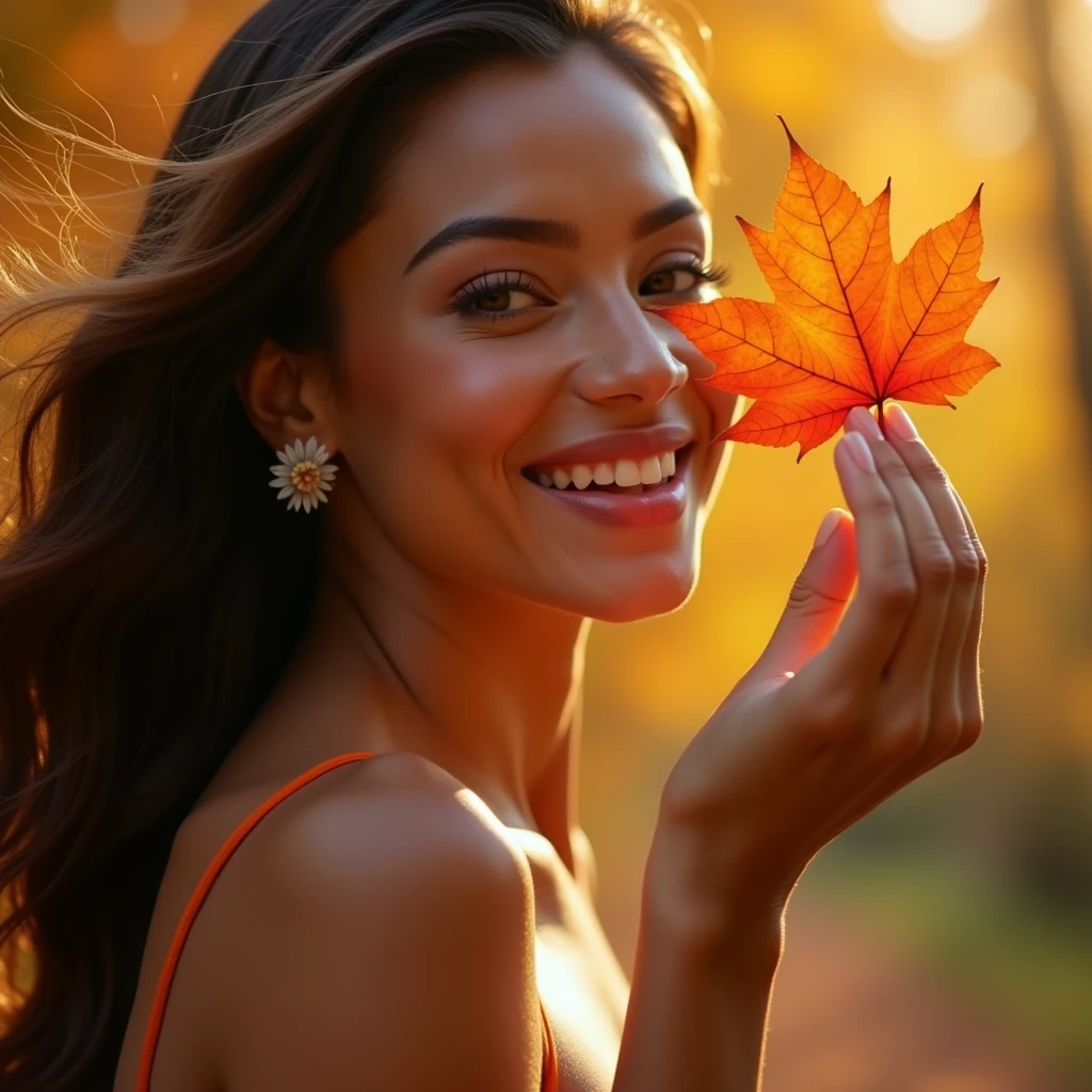 generate a master photograph describing a shapely Woman, a close-up of a hand reaching out to catch the first autumn leaf falling from a tree, (8K, best quality), she has a physique like Zendaya,  smile, brown hair, black hair, asian skin (big chest, small tiny waist, big breasts), The background is blurred, with warm golden tones dominating the scene. The leaf is vibrant orange-red, symbolizing the arrival of fall. The hand, delicate and feminine, is slightly outstretched as if gently catching the leaf mid-air, (She has sexy buttocks, Most sexy booty, Most sexy glutes), Womanly, Womancore, (She has fit hips, sexy hips, sexy fit hips, extremely sexy hips), (asian skin, glistening skin, beautiful complexion), shot on Fujifilm superia, (Studio soft light, high detail, cinematic lighting, rim lighting), Style: (hyperrealistic, by DynastySeries FashionNova, photo, {{{masterpiece photography}}}, analog photograph, professional fashion photoshoot, trending on artstation, synthwave, krrrsty), Quality: (photographed, masterpiece, highest resolution), Definition: (highres, sharp focus, 8k uhd, ultra photo-realistic resolution), Film: (80 mm, shot on portra 120, shot on Fujifilm), Resolution: (extremely detailed, (sharp focus:1.5), cinematic lighting, dramatic lighting, ultra photo-realistic), luxury:     