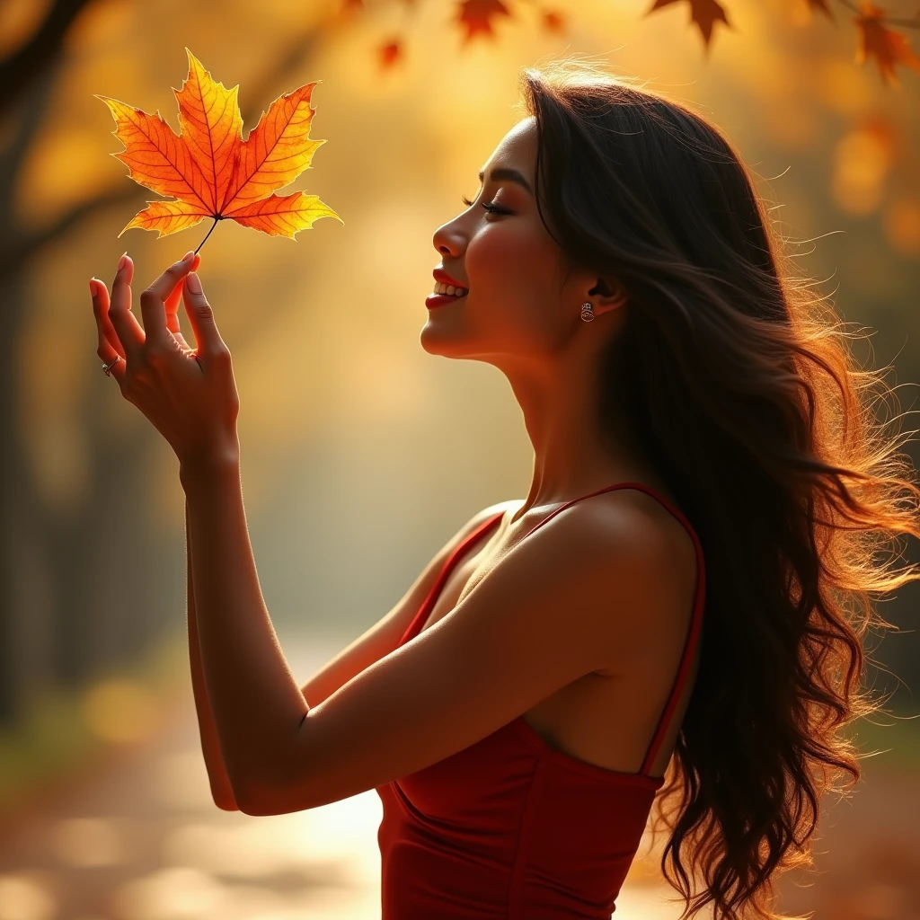 generate a master photograph describing a shapely Woman, a close-up of a hand reaching out to catch the first autumn leaf falling from a tree, (8K, best quality), she has a physique like Zendaya, smile, brown hair, black hair, asian skin (big chest, small tiny waist, big breasts), The background is blurred, with warm golden tones dominating the scene. The leaf is vibrant orange-red, symbolizing the arrival of fall. The hand, delicate and feminine, is slightly outstretched as if gently catching the leaf mid-air, (She has sexy buttocks, Most sexy booty, Most sexy glutes), Womanly, Womancore, (She has fit hips, sexy hips, sexy fit hips, extremely sexy hips), (asian skin, glistening skin, beautiful complexion), shot on Fujifilm superia, (Studio soft light, high detail, cinematic lighting, rim lighting), Style: (hyperrealistic, by DynastySeries FashionNova, photo, {{{masterpiece photography}}}, analog photograph, professional fashion photoshoot, trending on artstation, synthwave, krrrsty), Quality: (photographed, masterpiece, highest resolution), Definition: (highres, sharp focus, 8k uhd, ultra photo-realistic resolution), Film: (80 mm, shot on portra 120, shot on Fujifilm), Resolution: (extremely detailed, (sharp focus:1.5), cinematic lighting, dramatic lighting, ultra photo-realistic), luxury: