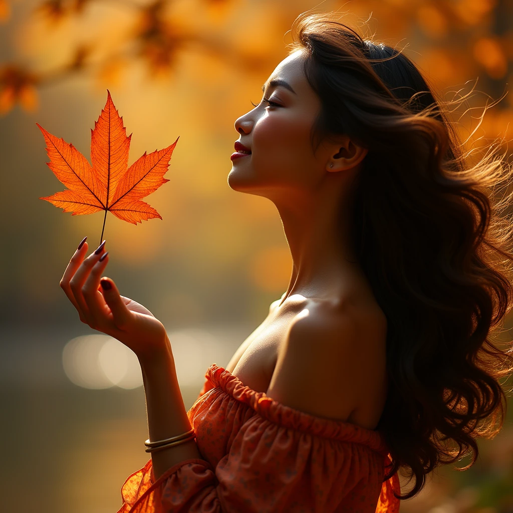 generate a master photograph describing a shapely Woman, a close-up of a hand reaching out to catch the first autumn leaf falling from a tree, (8K, best quality), she has a physique like Zendaya, smile, brown hair, black hair, asian skin (big chest, small tiny waist, big breasts), The background is blurred, with warm golden tones dominating the scene. The leaf is vibrant orange-red, symbolizing the arrival of fall. The hand, delicate and feminine, is slightly outstretched as if gently catching the leaf mid-air, (She has sexy buttocks, Most sexy booty, Most sexy glutes), Womanly, Womancore, (She has fit hips, sexy hips, sexy fit hips, extremely sexy hips), (asian skin, glistening skin, beautiful complexion), shot on Fujifilm superia, (Studio soft light, high detail, cinematic lighting, rim lighting), Style: (hyperrealistic, by DynastySeries FashionNova, photo, {{{masterpiece photography}}}, analog photograph, professional fashion photoshoot, trending on artstation, synthwave, krrrsty), Quality: (photographed, masterpiece, highest resolution), Definition: (highres, sharp focus, 8k uhd, ultra photo-realistic resolution), Film: (80 mm, shot on portra 120, shot on Fujifilm), Resolution: (extremely detailed, (sharp focus:1.5), cinematic lighting, dramatic lighting, ultra photo-realistic), luxury: mohawk hairstyle