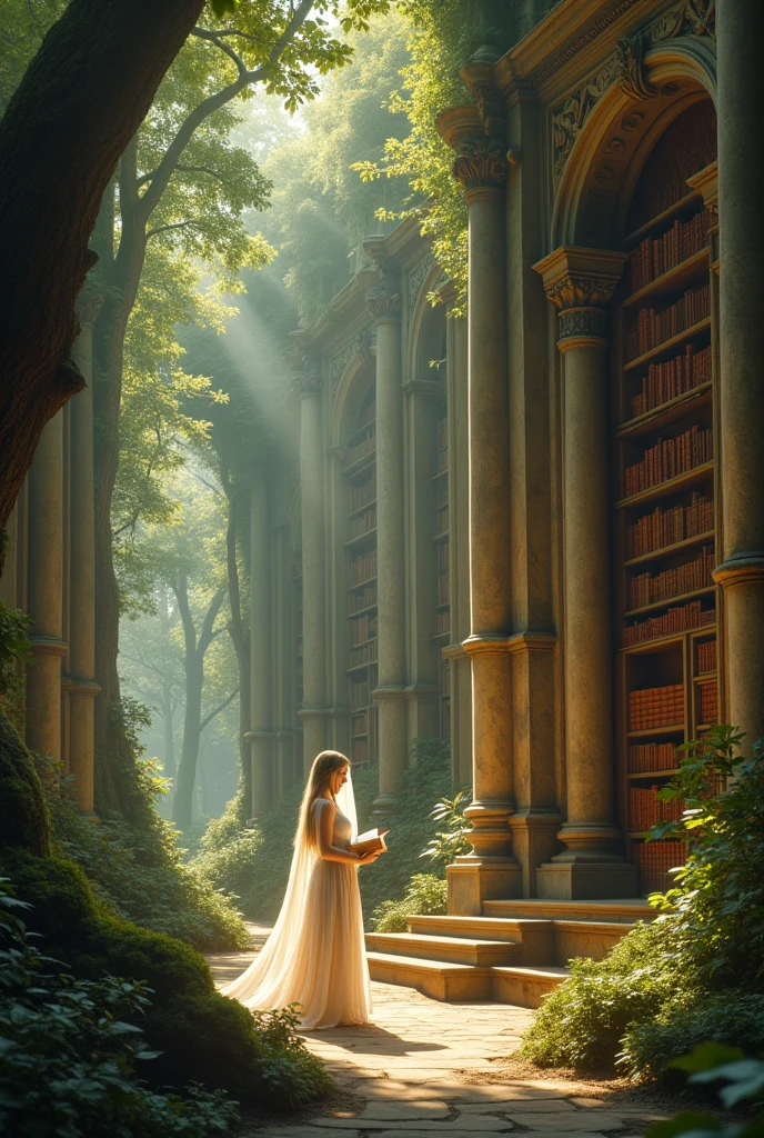 A library in the forest in a fantasy world. There was a pretty girl there studying hard..