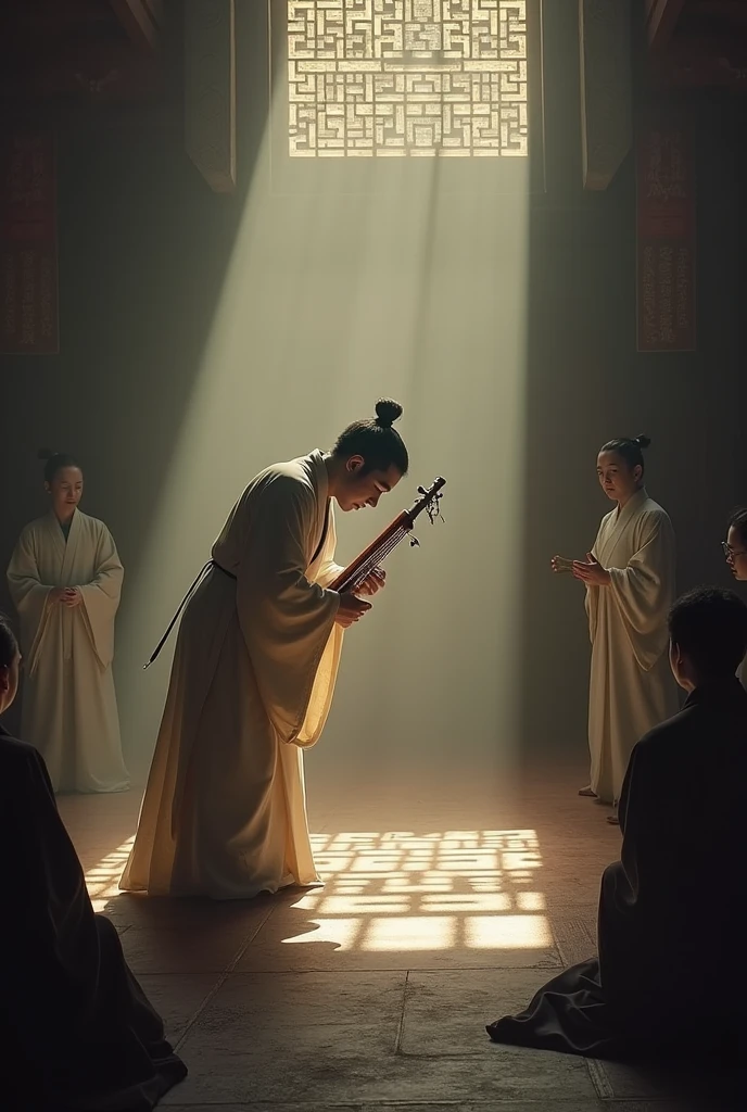 The song finally comes to an end，The singer is holding the guqin horizontally，He bowed to each of the three people in the hall.，Silently retreated into the back room。