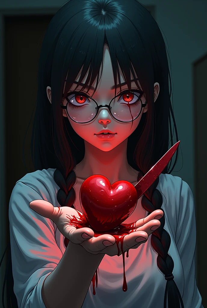 I want a woman with braids and glasses, holding a knife, covered in blood and with a heart in her hand. The art has to be in anime style