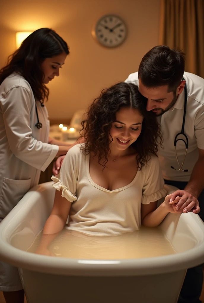 
- **Scenario**: A delivery room with a calm and welcoming atmosphere, prepared for a humanized birth.
- **Birthing Bath**: The woman is in the bathtub, which is big and comfortable, with warm water.
- **Woman**:
  - **Appearance**: medium wavy hair, king - **stance**: She is in labor, with an expression of effort and determination. Is leaning on the edge of the tub or reclining comfortably in the water.
- **Medical**: Around the bathtub, there are health professionals, attentive and careful, providing support and guidance.
- **husband**:
  - **Appearance**: next to the bathtub, he is holding the woman&#39;s hand and gently kissing her head, offering comfort and encouragement.
- **enviroment**: The room is decorated in a cozy way, with soft light and maybe some candles or low lights, creating an atmosphere of calm and intimacy.

