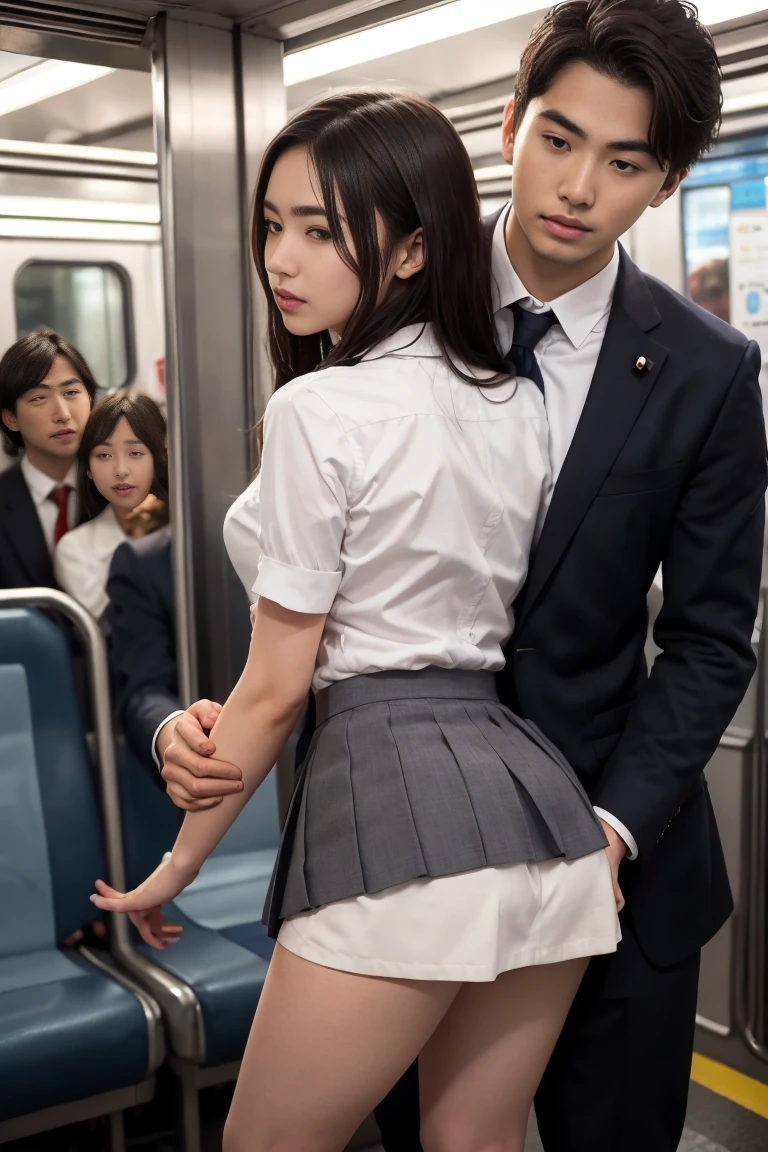 NSFW Viewer discretion advised, Crowded train, Japan , Handsome man hugging his girlfriend from behind, Talk in her ear, Lift her up, Twist up your miniskirt, 40k, photograph, masterpiece, Highest quality, Dark Gray Background, Pleated skirt ((Japan girls' high school uniform)), A woman is leaning on her from behind、i held you up, Mr...々Strike a Pose.Having a woman touch your butt with his hand,Having a woman touch your butt,女性が私のButtをつかむ,A woman puts her hand under my skirt,Woman grabbing woman'Butt