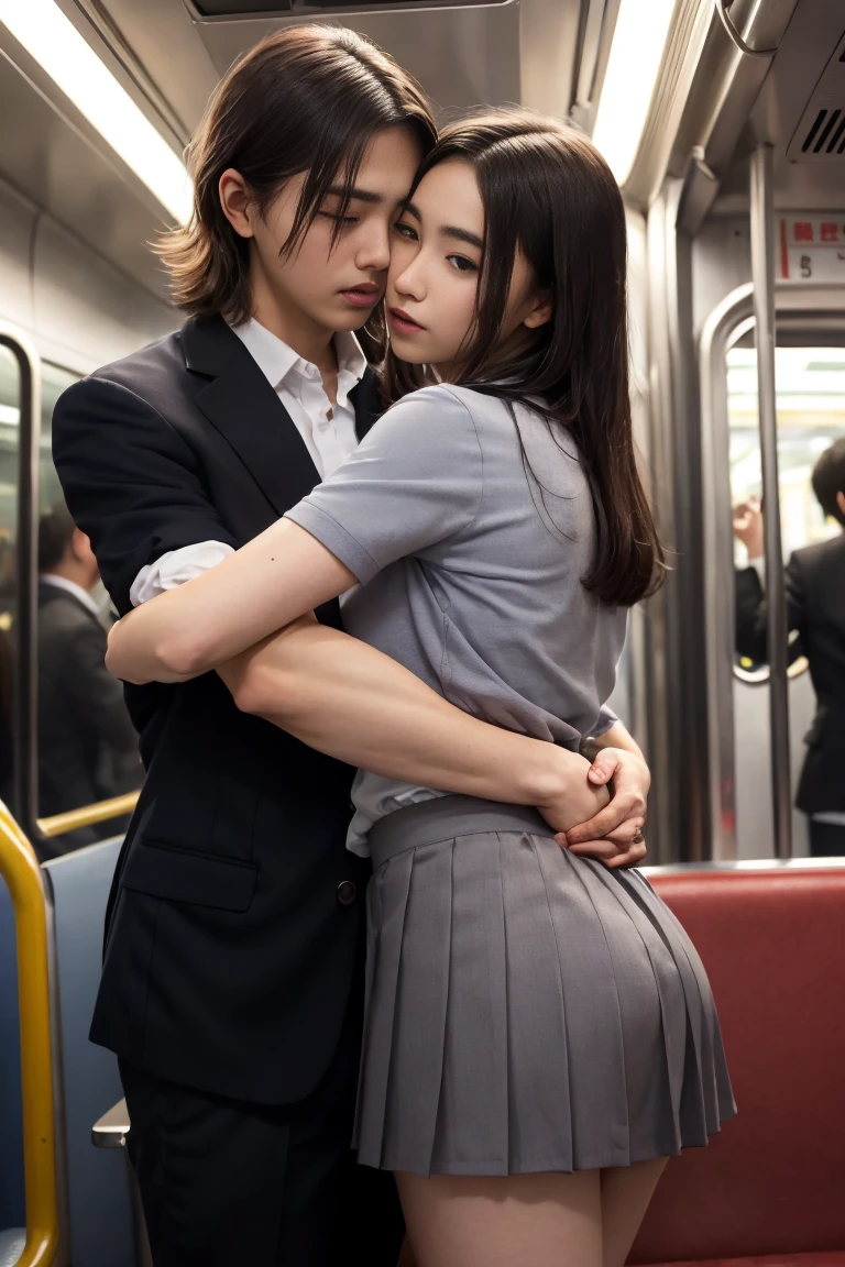 NSFW Viewer discretion advised, Crowded train, Japan , Handsome man hugging his girlfriend from behind, Talk in her ear, Lift her up, Twist up your miniskirt, 40k, photograph, masterpiece, Highest quality, Dark Gray Background, Pleated skirt ((Japan girls' high school uniform)), A woman is leaning on her from behind、i held you up, Mr...々Strike a Pose.Having a woman touch your butt with his hand,Having a woman touch your butt,女性が私のButtをつかむ,A woman puts her hand under my skirt,Woman grabbing woman'Butt