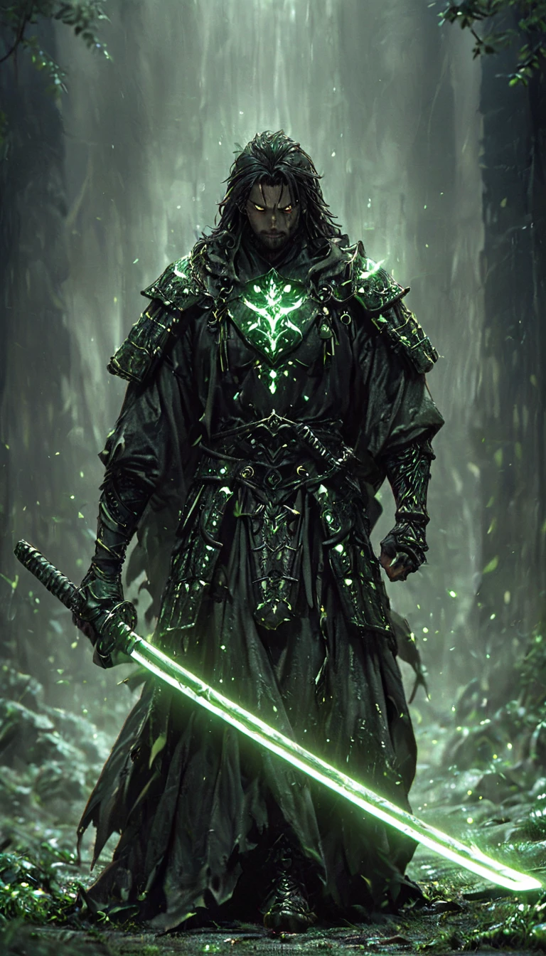 Create a full-body image of a dark hunter who is a member of the Defenders of Light. The character should have a tall, athletic build with short, dark hair. He wears a black, intricately designed armor that hints at his past in the dark arts, with glowing symbols that represent his alignment with the Defenders of Light. He wields a sword with a glowing blade, symbolizing the light he now defends. His expression is stern and determined, with a scar across his face indicating past battles. The background should be a dimly lit, ancient battlefield, with shadows and faint beams of light breaking through, representing his ongoing struggle between darkness and light.
