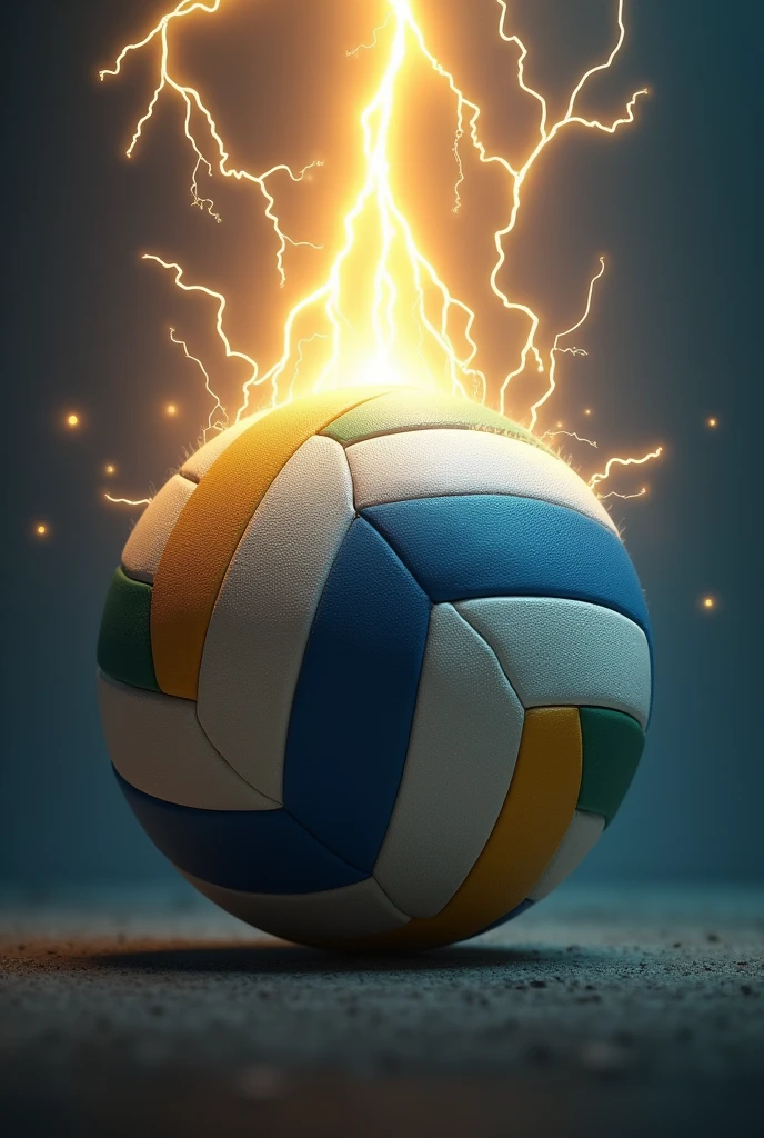 Imagine a classic volleyball, with its distinctive white and blue or white and green panel design. Now, Visualize a bright ray passing through the ball, starting from the top and going down to the center. Lightning is a flash of yellow and white, with sparks emanating from it, giving it a feeling of energy and movement. The contrast between the soft, rounded ball and the force of the lightning creates a dynamic and powerful image..