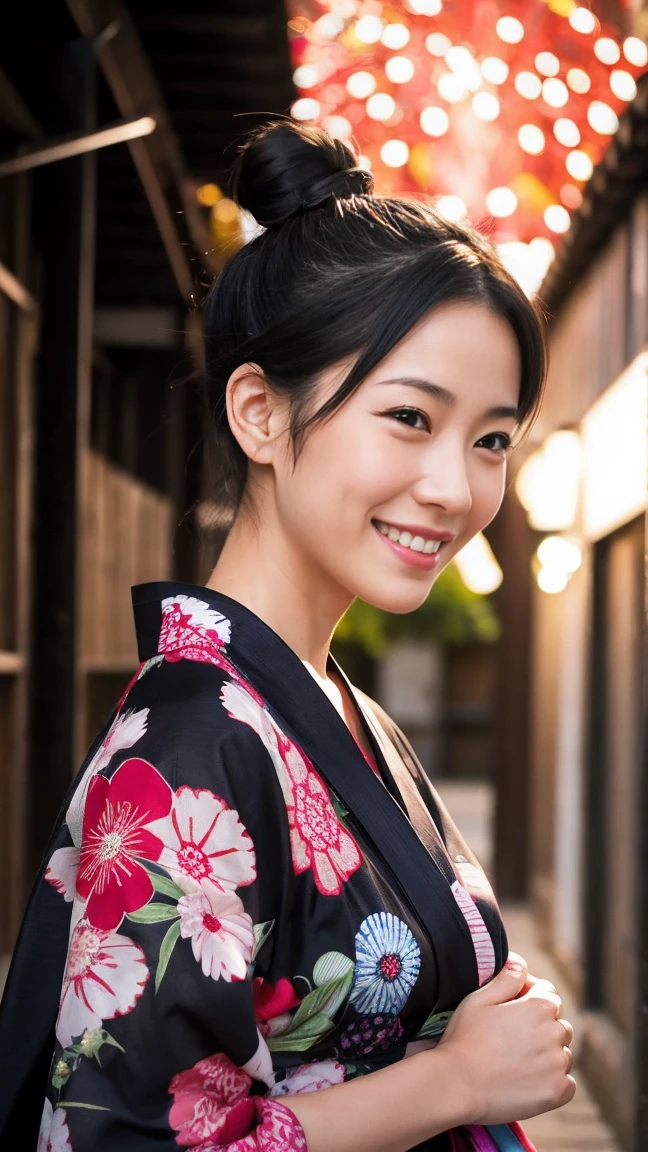 yukata　firework　Smiling Mature Woman　45 Talent　black hair bun