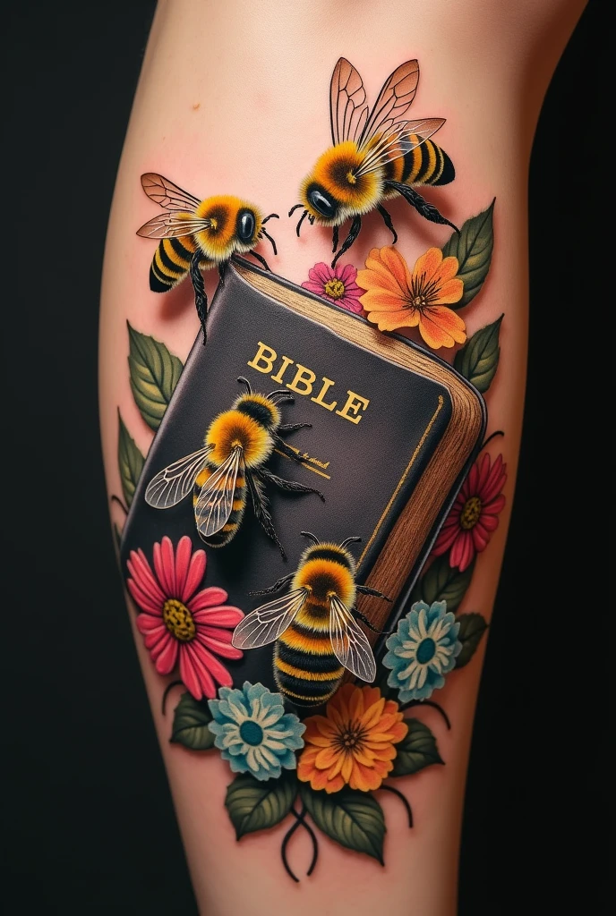 Tattoo of realistic bees landing on closed bible with flowers