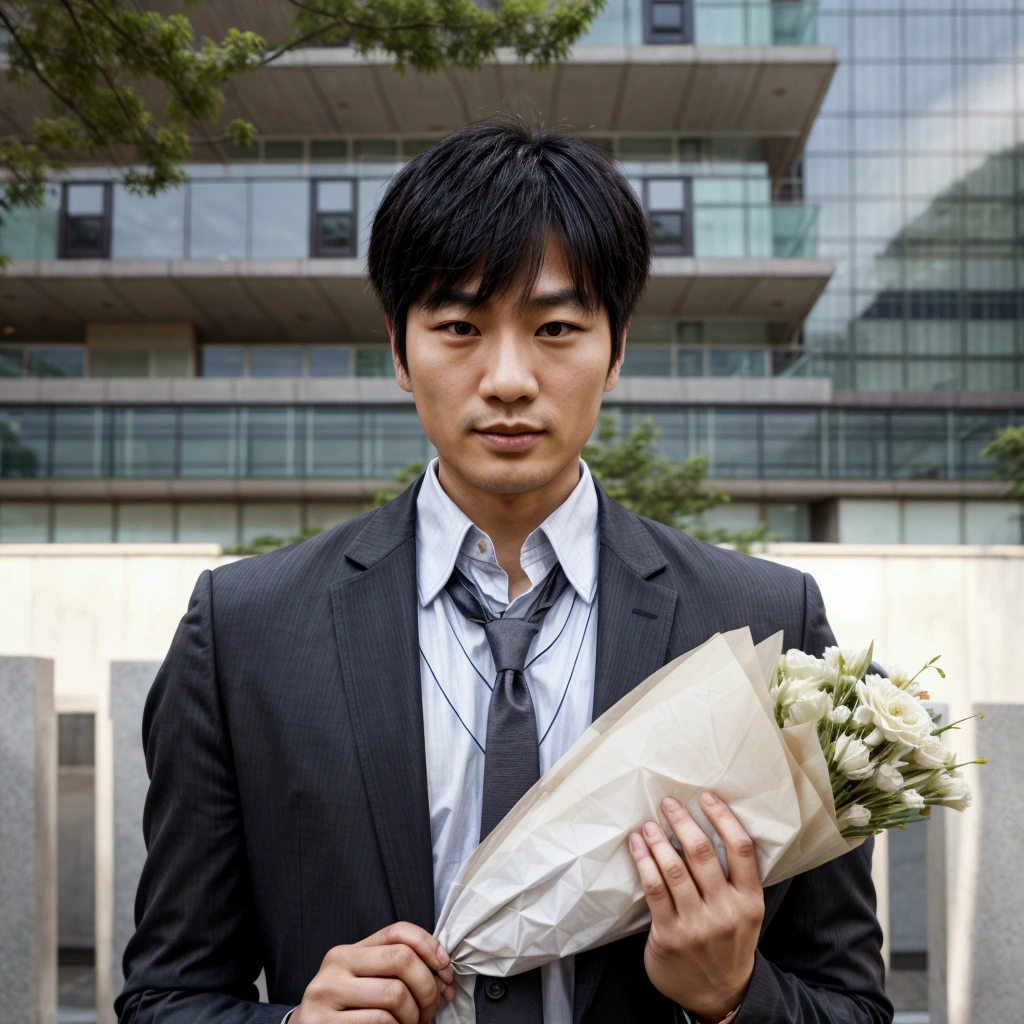 Asian man in suit holding a bouquet of flowers in front of a building, handsome, cool