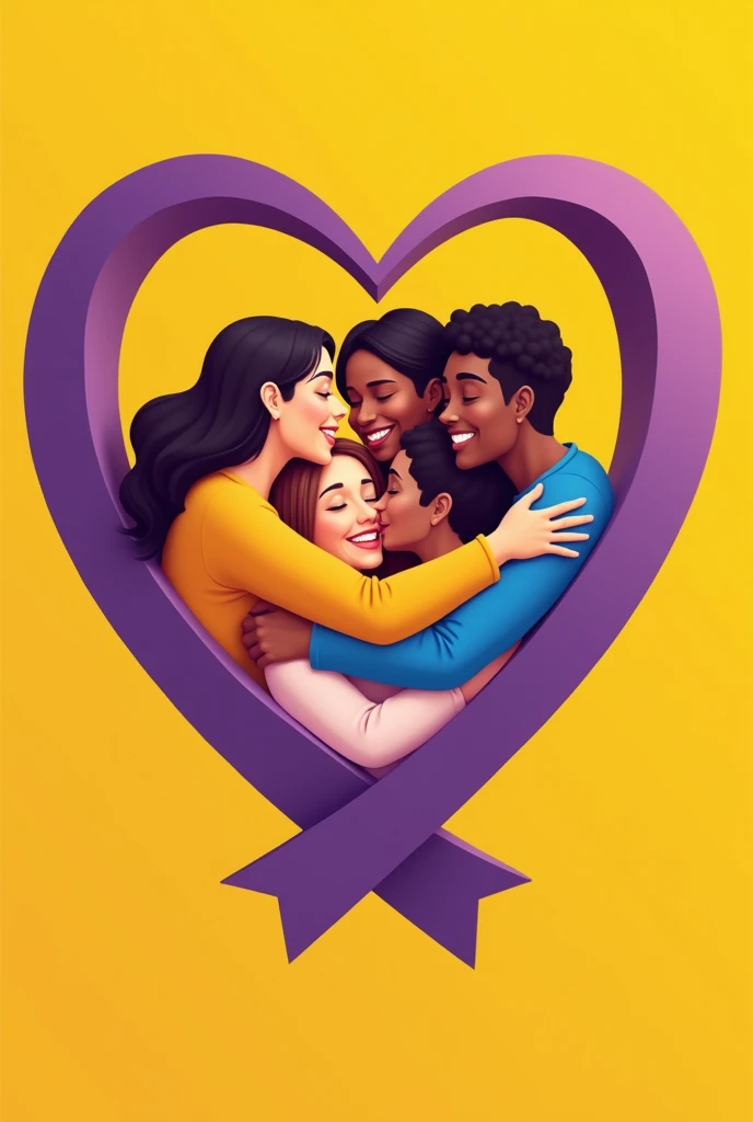 Draw a logo where there is a purple ribbon in the shape of a heart and inside there are 5 people hugging and all this on a yellow background