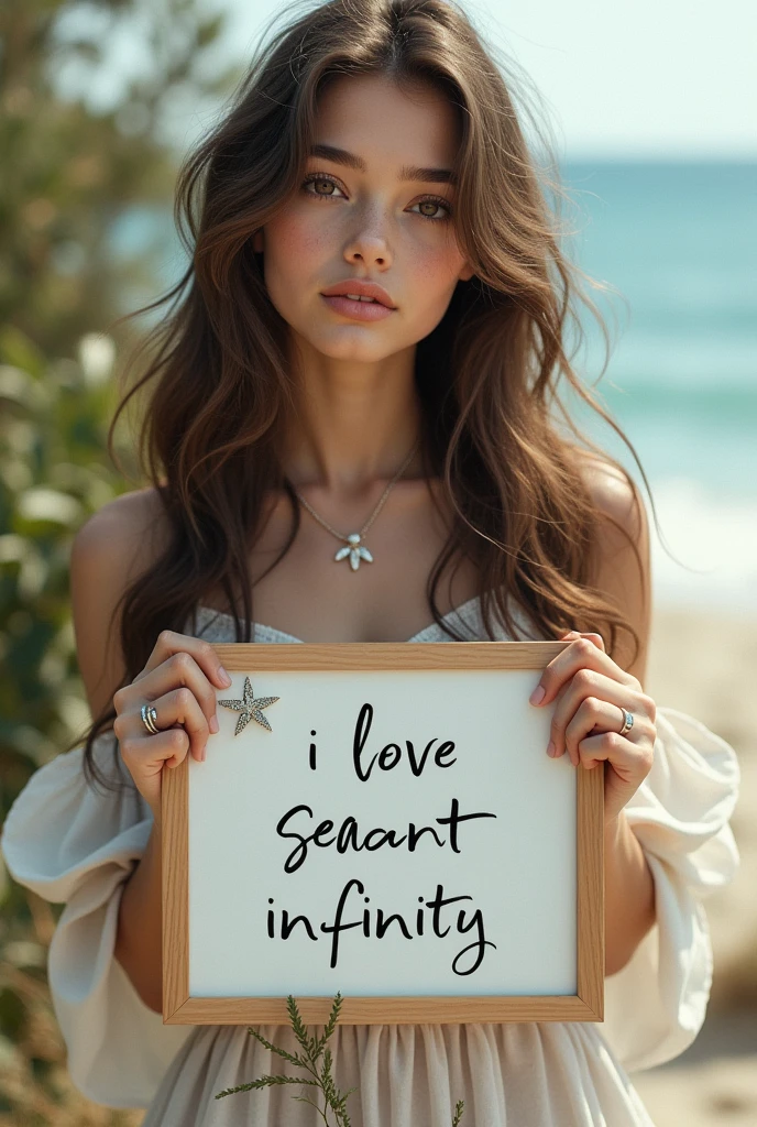 Beautiful girl with wavy long hair, bohemian dress, holding a white board with text "I Love Seaart Infinity" and showing it to the viewer