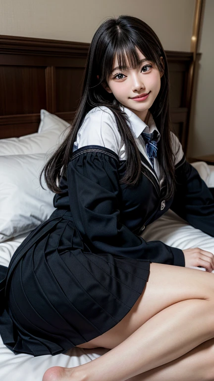 High resolution, Very detailed, Realistic, 1 beautiful Japan schoolgirl, Very detailed美しい顔, Sleeping on your back、Straight hair, Medium Black Hair, Beautiful legs, A light smile, school uniform, Bedroom
