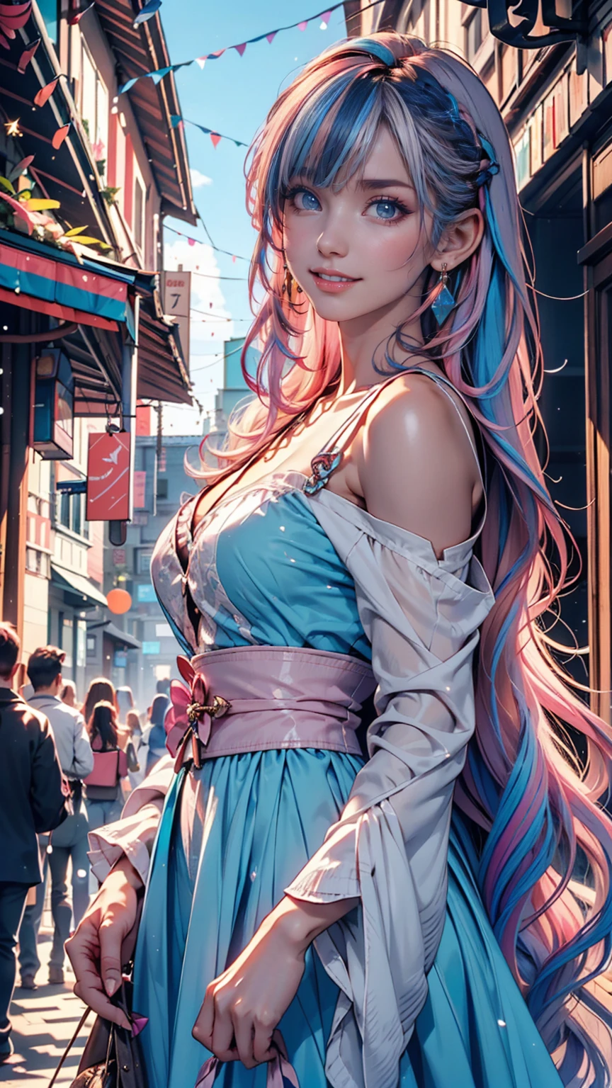 (masterpiece), (((Highest quality)), (Very detailed), 1 person, (Rainbow Hair, Colorful Hair, Half Blue、Half pink hair: 1.2), , (yukina: 1.2), Outdoor, bangs, smile, Sky blue eyes, Perfect hands, Perfect hands, Hand Detail, Modified fingers. Earrings, Night Store + background, Looking_in_Audience, Cowboy Shot, Highest quality, Rich details, Perfect image quality,