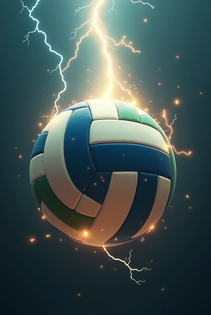Imagine a classic volleyball, with its distinctive white and blue or white and green panel design. Now, Visualize a bright ray passing through the ball, starting from the top and going down to the center. Lightning is a flash of yellow and white, with sparks emanating from it, giving it a feeling of energy and movement. The contrast between the soft, rounded ball and the force of the lightning creates a dynamic and powerful image.. 