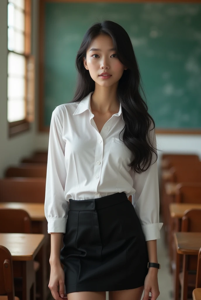 Beautiful Thai model woman with smooth skin, detailed beautiful eyes and face, black hair, (beautiful bra, G shape), wearing a Thai student uniform, a white short-sleeved shirt, a black short skirt, a slim fit, standing and posing in a classroom. The background is a classroom, student desks and chairs. The most realistic picture,high quality, 8k, Ultra detailed, hdr, human only,
highest quality, masterpiece, High resolution,