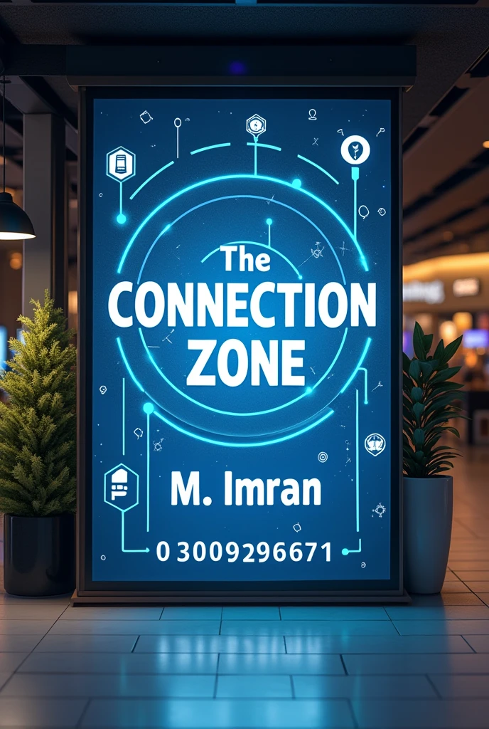Make me a board for my shop with the name of Connection Zone , it should have all major mobile companies included in it , it should have my name M. Imran in it , it should have the number 03009296671 in it