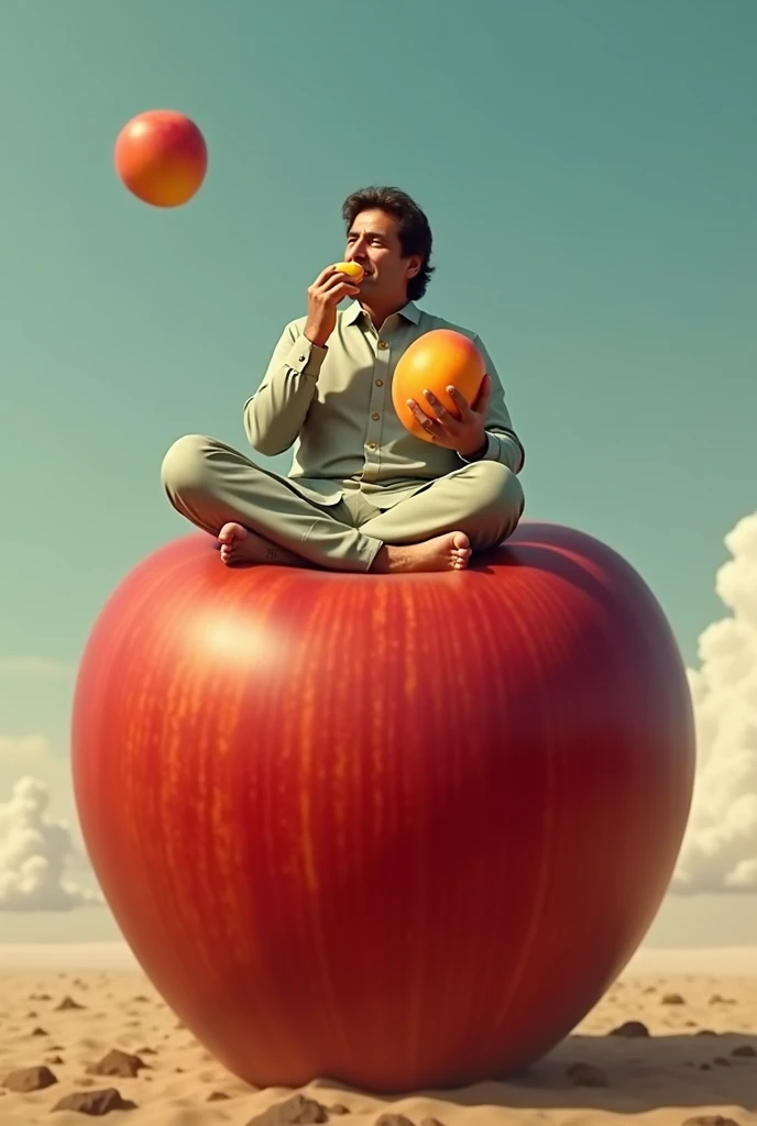 Imran khan is sitting on a big apple and eating mango