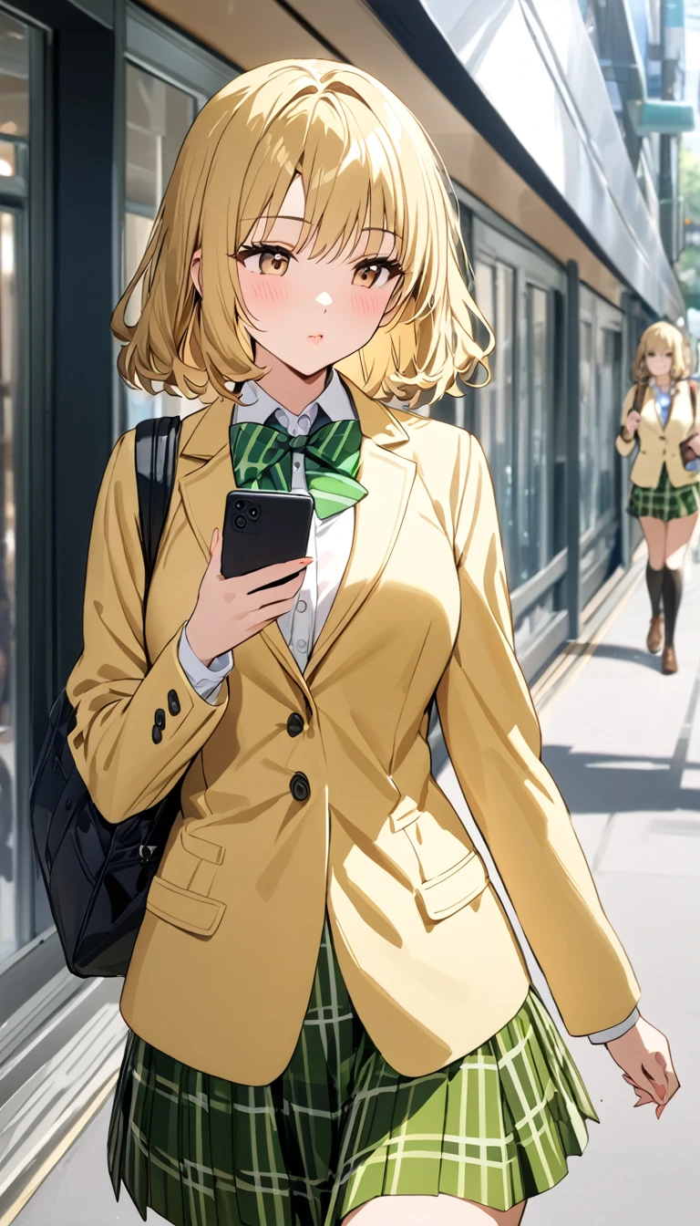 masterpiece, best quality, highres, 1girl, solo, blonde medium hair, brown eyes, buttoned blazer, yellow blazer, long sleeves blazer, plaid skirt, green skirt, green bowtie ,walking ,having a smartphone,cowboy shot,school commute ,glossy lips,closed mouth