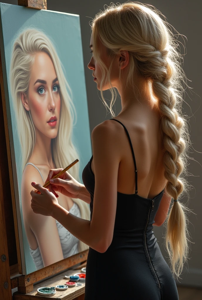 The easel, the paints, the artist, standing Full-length, Sexy cyborg woman drawing self-portrait in oil paints, french braid, blonde hair