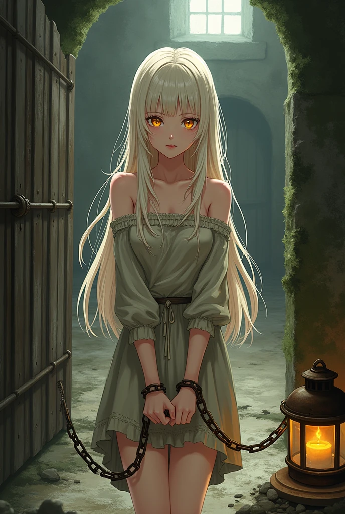 Chained golden white haired girl with honey colored eyes in dirty medieval clothes in a cell,anime