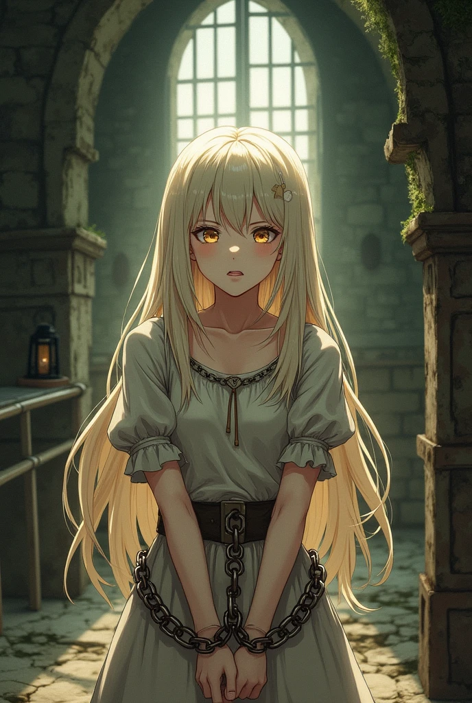 Chained golden white haired girl with honey colored eyes in dirty medieval clothes in a cell,anime