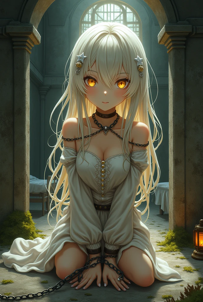 Chained golden white haired girl with honey colored eyes in dirty medieval clothes in a cell,anime