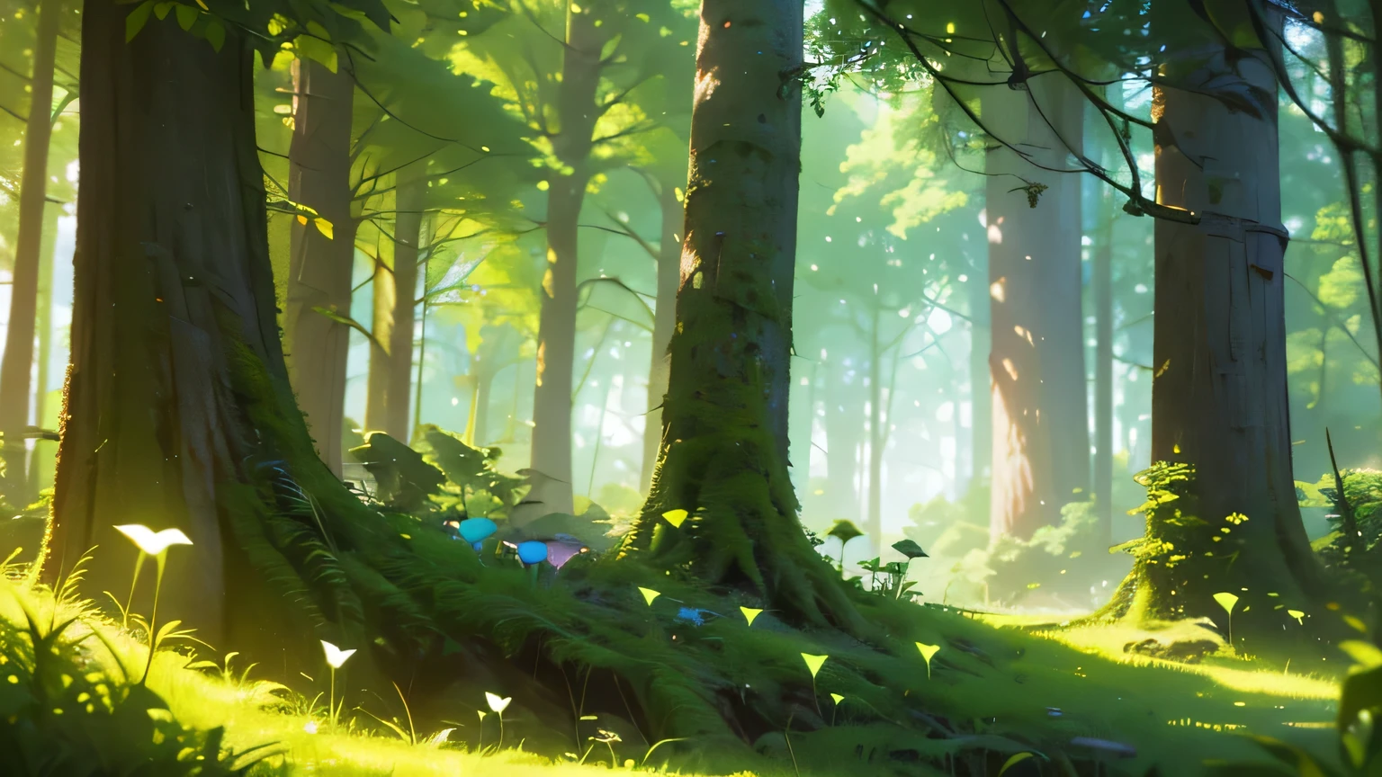 a lush green forest with vibrant colors, a fairy forest, sunlight shining through the trees, colorful mushrooms, glowing fireflies, beautiful butterflies, a magical deer, detailed foliage, (best quality,4k,8k,highres,masterpiece:1.2),ultra-detailed,(realistic,photorealistic,photo-realistic:1.37),vibrant colors,cinematic lighting,fantasy art