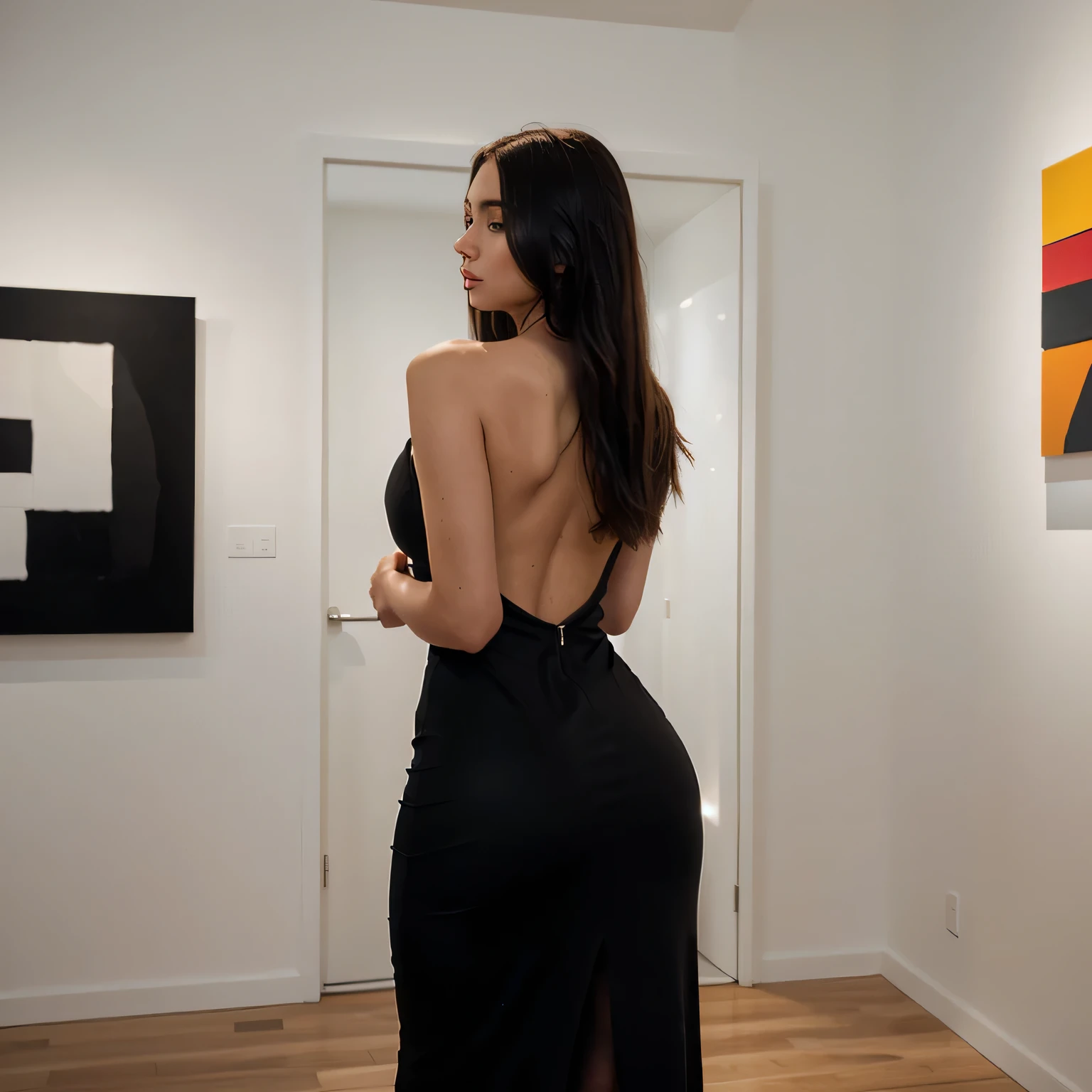 A woman standing in a sleek, modern art gallery, with minimalist decor and abstract paintings on the walls. She’s wearing a backless, body-hugging dress that accentuates her figure, with her hair elegantly styled. The soft, directional lighting highlights her curves and casts intriguing shadows on the walls. She’s facing the camera with a confident, sultry expression, her lips slightly parted, creating a sharp, high-quality image that exudes sophistication and sensuality.