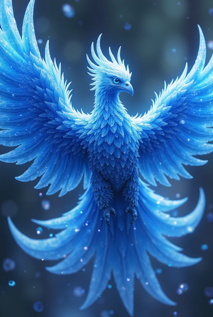 (ultra detailed), A phoenix with bright blue feathers, its entire body covered in sapphire crystals. Instead of flames, a brilliant blue aura emanates from its wings. Its eyes are a deep sapphire blue, captivating the viewer. Every time it flies, small sapphire fragments fly off its wings.