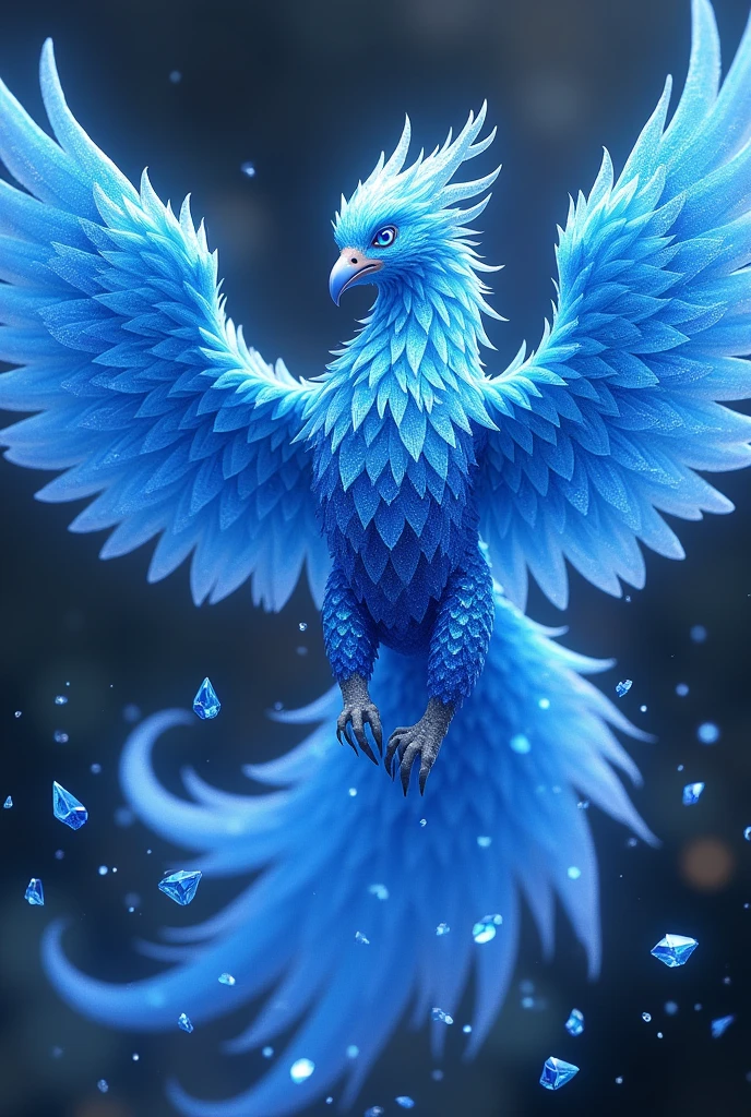 (ultra detailed), A phoenix with bright blue feathers, its entire body covered in sapphire crystals. Instead of flames, a brilliant blue aura emanates from its wings. Its eyes are a deep sapphire blue, captivating the viewer. Every time it flies, small sapphire fragments fly off its wings.