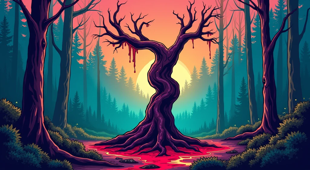 un arbre mort au milieu d'une forêt trempe ses branches dans du sang, style cartoon, couleurs psychédélique