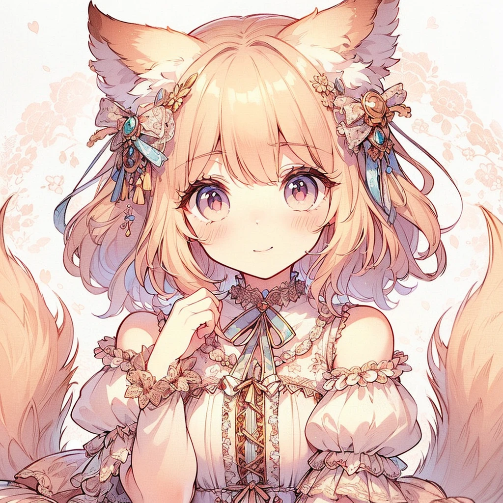(An exquisite and beautiful highly detailed masterpiece, High quality and high resolution),(A two-dimensional illustration inspired by pixiv, featuring a delicate and beautiful face with a mature, clear, well-balanced look drawn with thin lines. A cute and delicate beautiful girl illustration in pastel colors.),A beautiful, gentle and quiet girl with fluffy fox ears and a tail, cat-like eyes, a small mouth, a high nose, and small, sharp fangs, blushes and smiles shyly.,She is wearing a low-cut dress decorated with lace, frills and ribbons, and knee-high socks decorated with lace.,Floating hearts on a white background,(She has light brown, wavy bob hair, fair skin, short eyebrows, pale pink cheeks, a very small nose, small pointed fangs in her mouth, plump pink lips, beautiful animal-like eyes, and a fairly large, fluffy bust. She is a cute girl with a good figure.),I want attention,Vibrant colors that stand out,Colored pencil art,Standing shyly