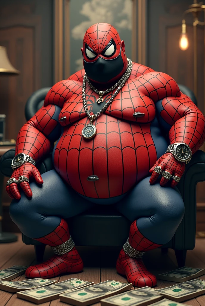 Fat belly spider-man black mask with a silver necklace on his neck and a lot of money next to him and a rolex watch in his hand and a ring in his hand with rap style in the studio