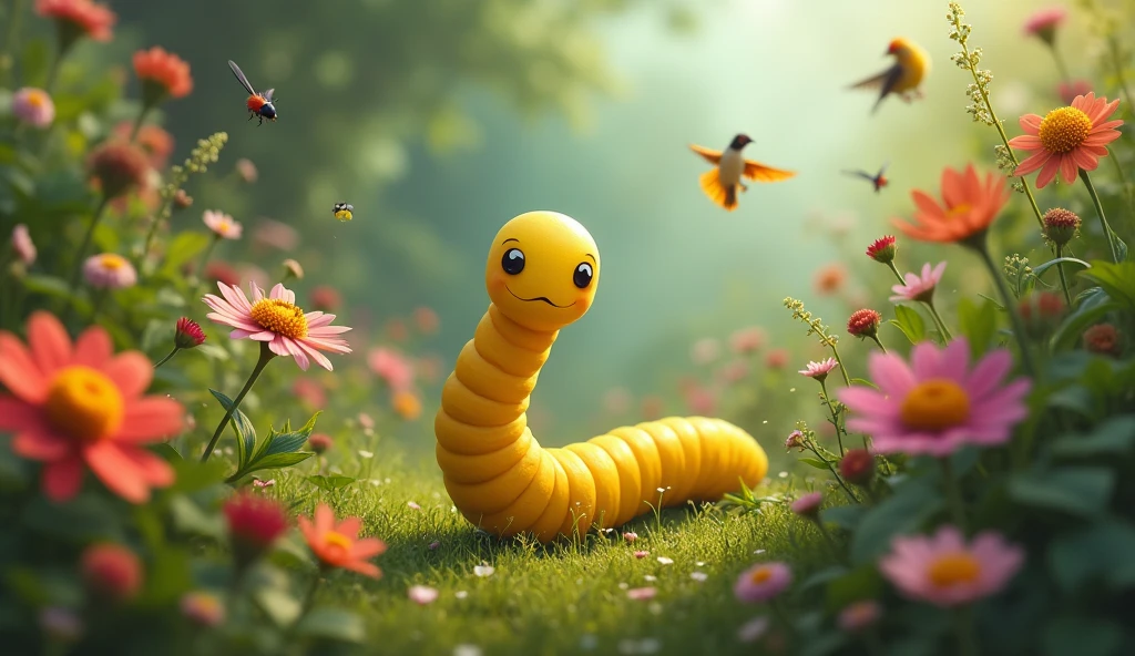 a tiny plain yellow, small worm with simple features, surrounded by various garden creatures like birds, insects, and flowers that don't pay attention to him."