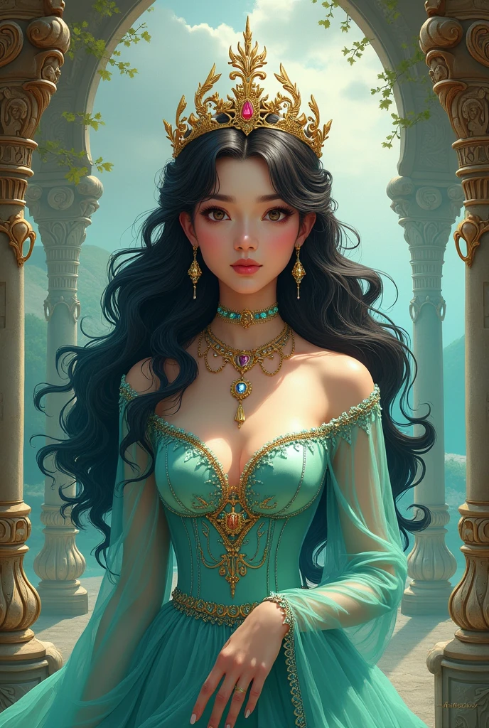 Illustration of a queen in her 20s with chocolate mint hair